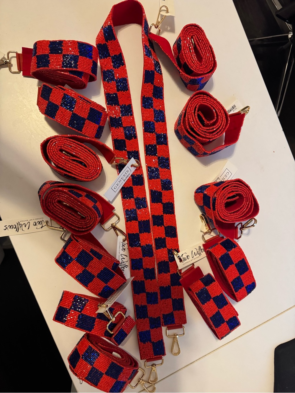 Beaded Bag Strap lot of 13 — Red & Blue Check